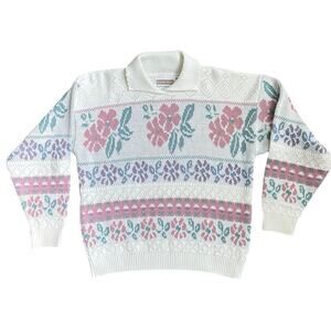 Vtg Season Ticket Floral Knit Sweater Women M White Pink Purple Green Made USA